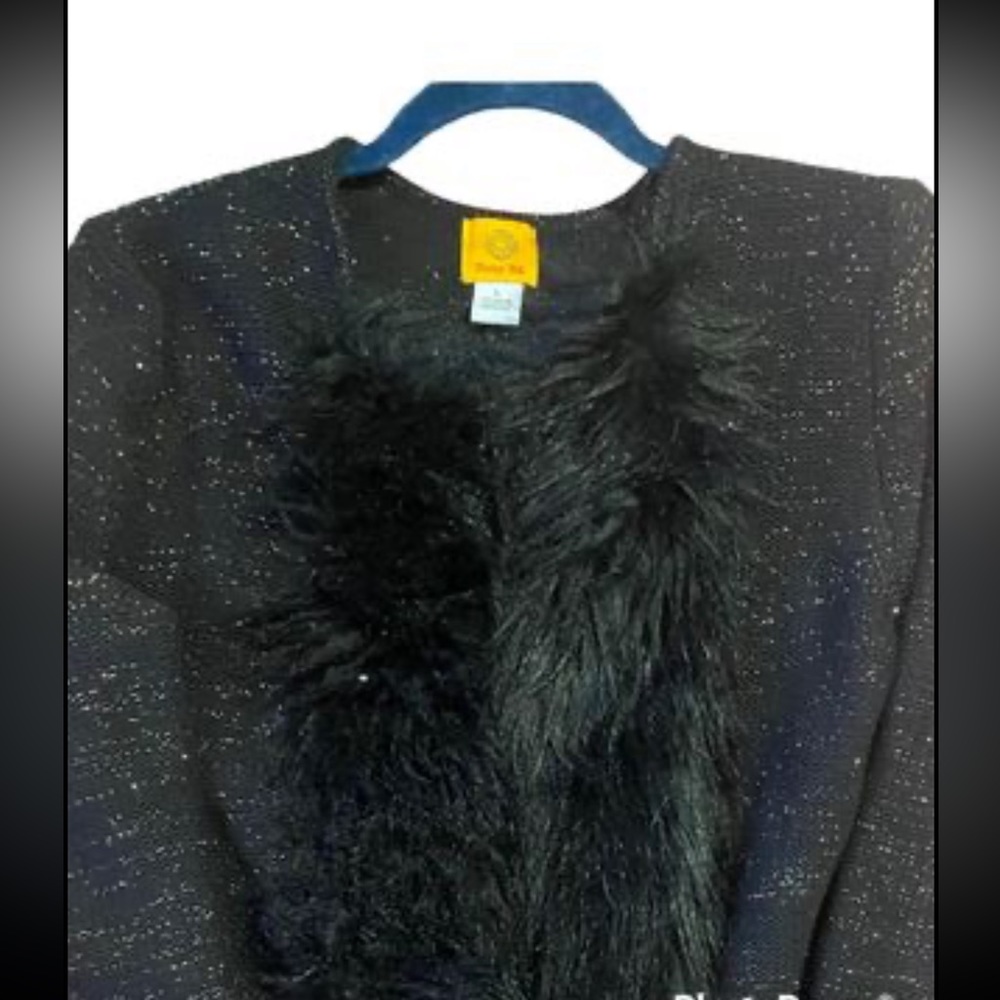 Ruby Rd. Long Cardigan, Large, Faux Fur Trim - Picture 2 of 2